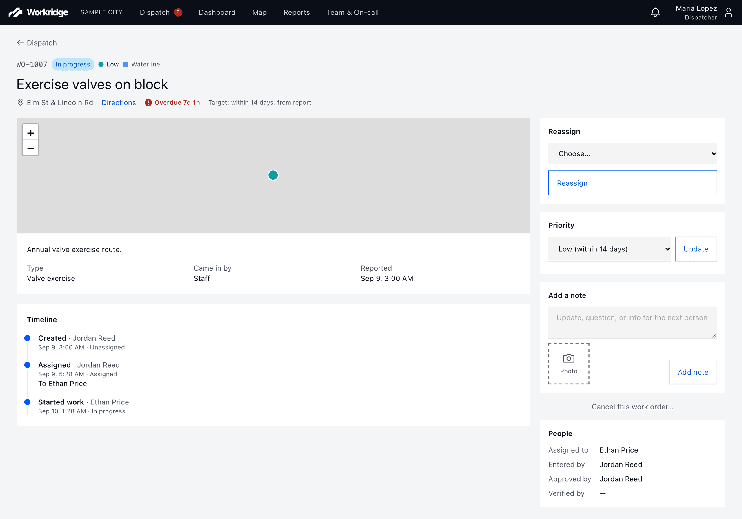 A single work order showing its details and a timeline of who created, assigned and started it